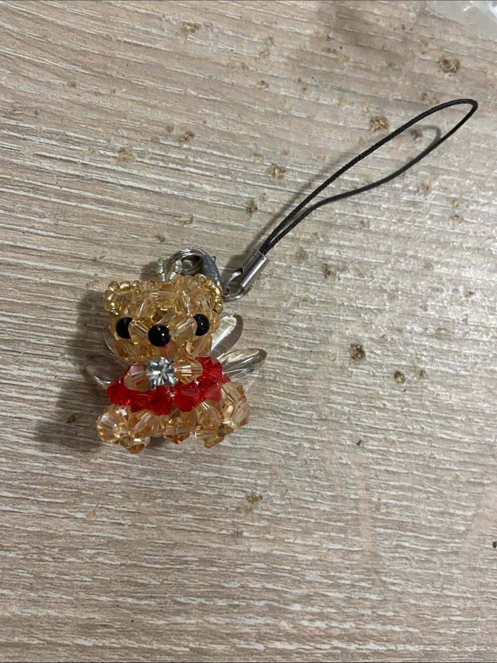 Crystal Bead Teddy Bear Phone Charm in Gold and Red